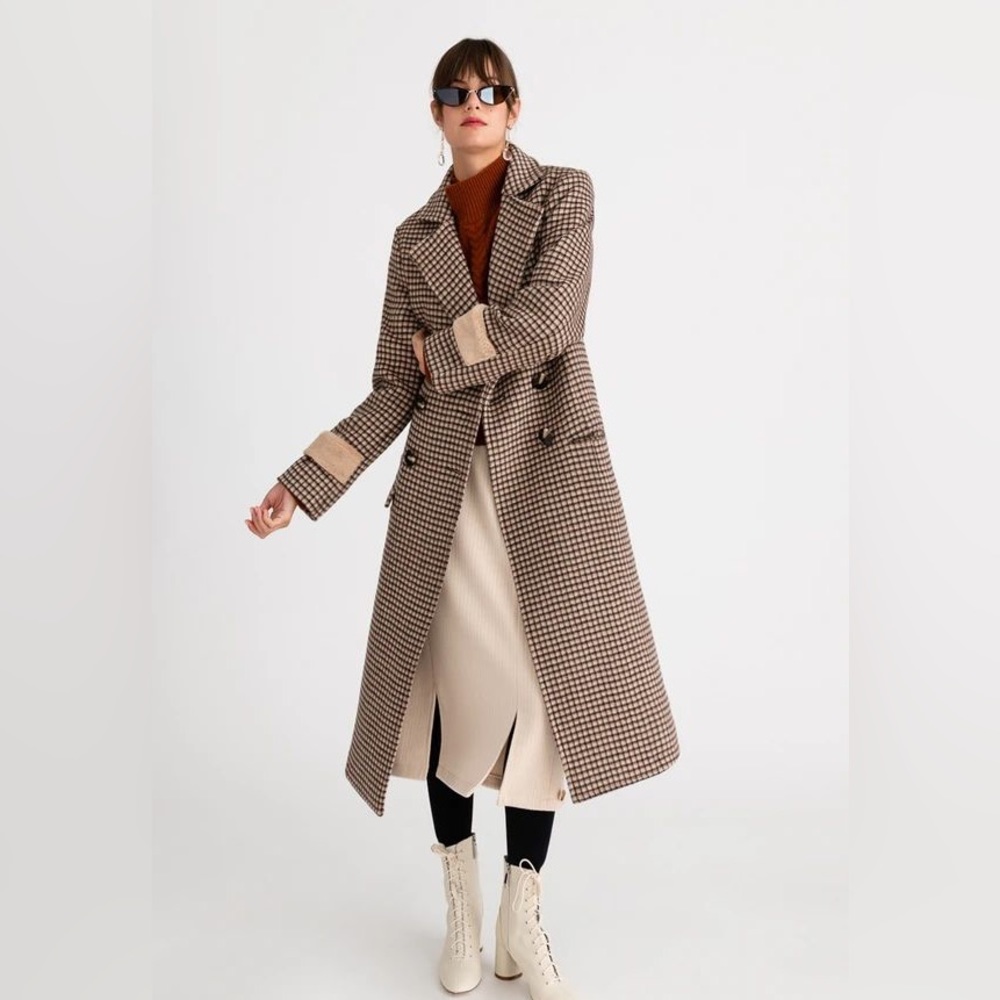 Petite studio New York 100% wool gingham plaid peacoat with faux fur trim